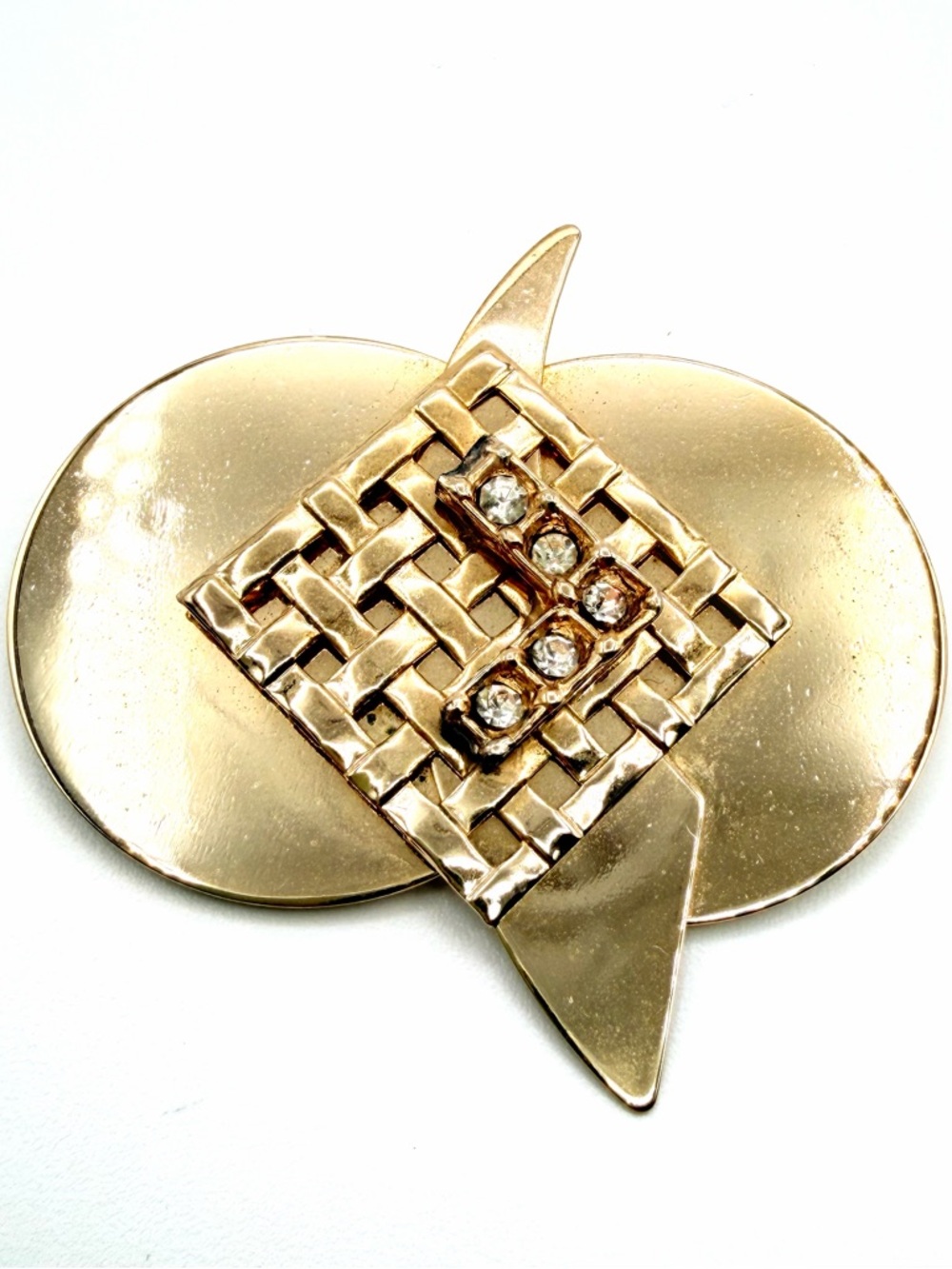 Vintage Gold Tone Geometric Brooch Rhinestone Accent Statement Pin